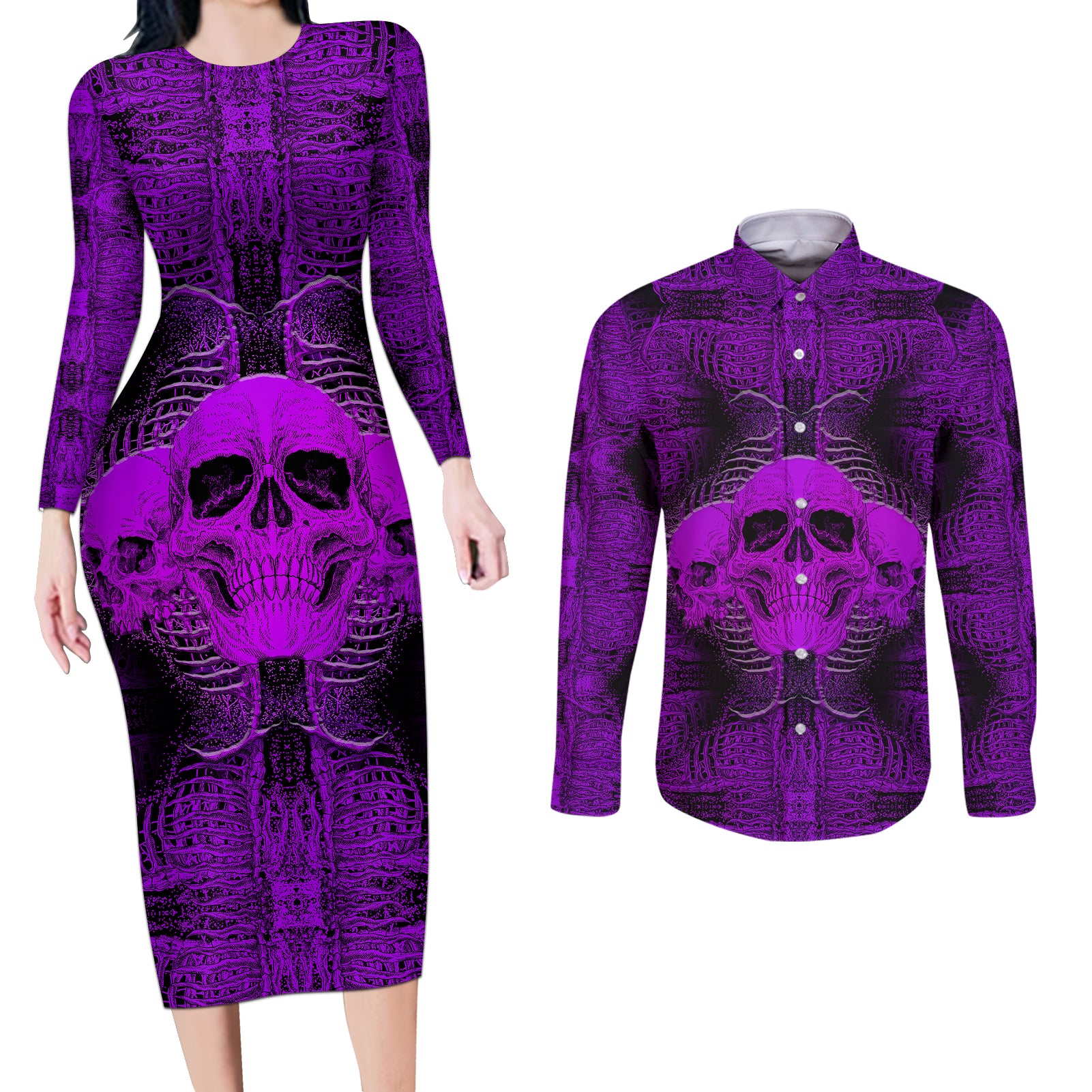 skull-pattern-couples-matching-long-sleeve-bodycon-dress-and-long-sleeve-button-shirts-i-am-who-i-am-your-approval-isnt-needed