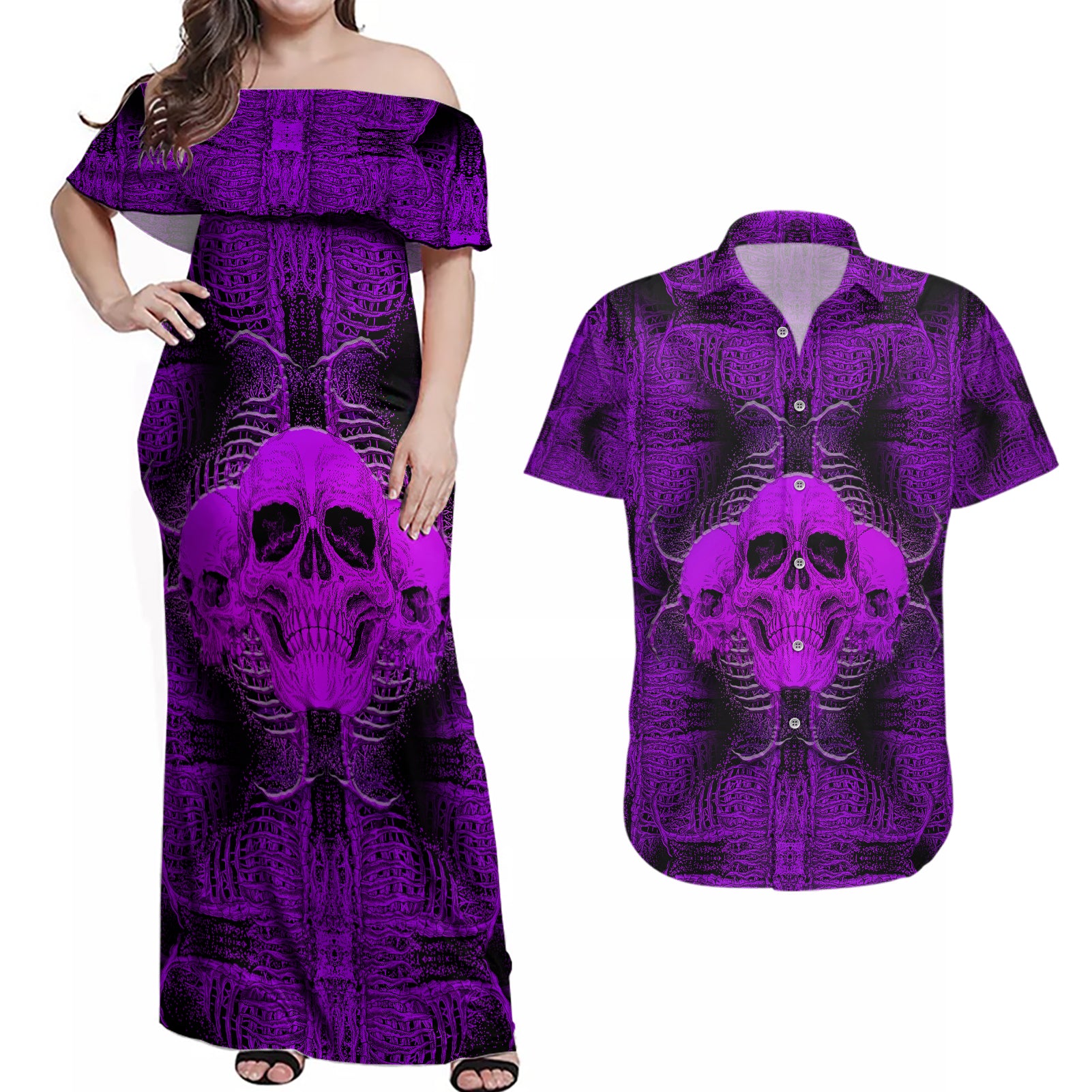 skull-pattern-couples-matching-off-shoulder-maxi-dress-and-hawaiian-shirt-i-am-who-i-am-your-approval-isnt-needed