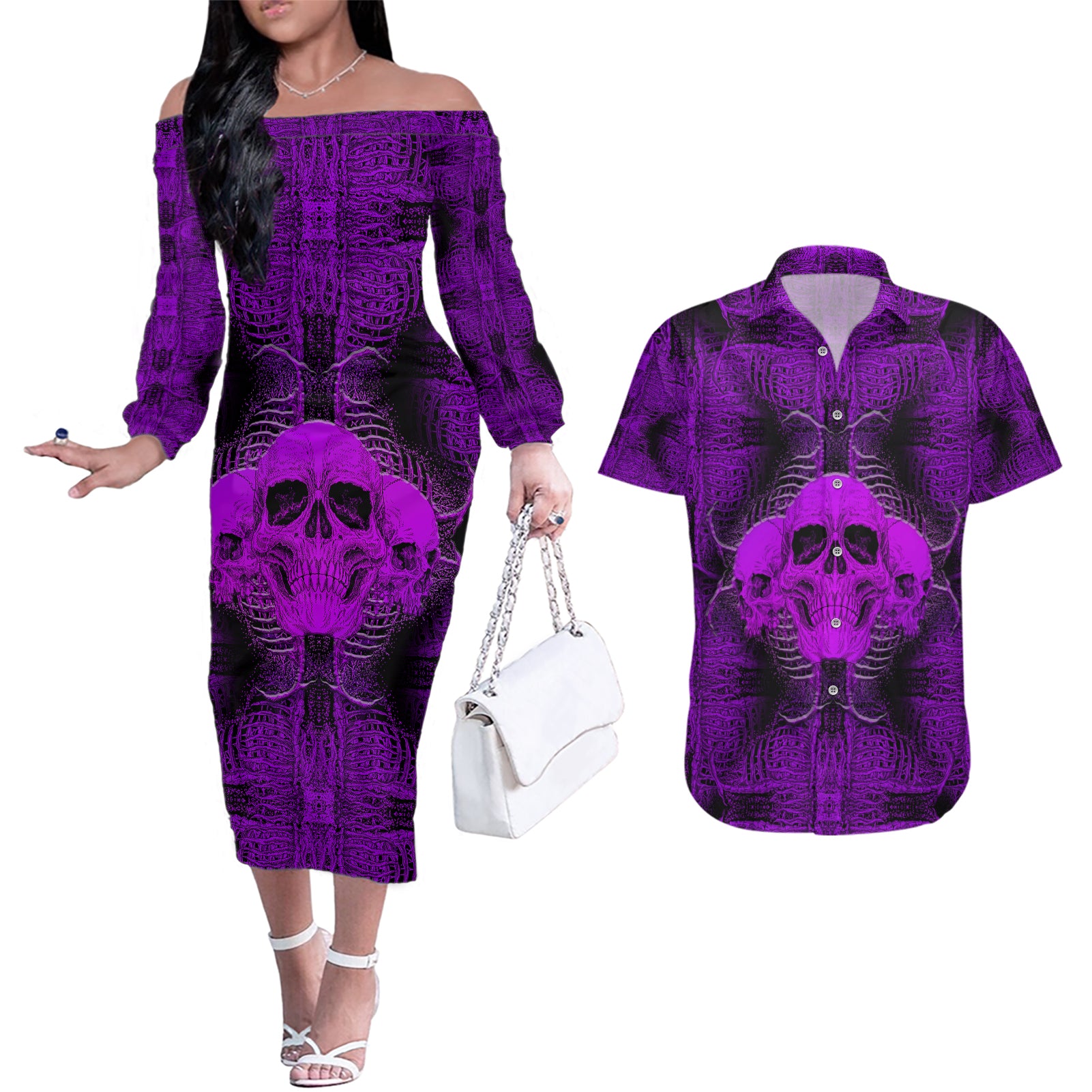 skull-pattern-couples-matching-off-the-shoulder-long-sleeve-dress-and-hawaiian-shirt-i-am-who-i-am-your-approval-isnt-needed