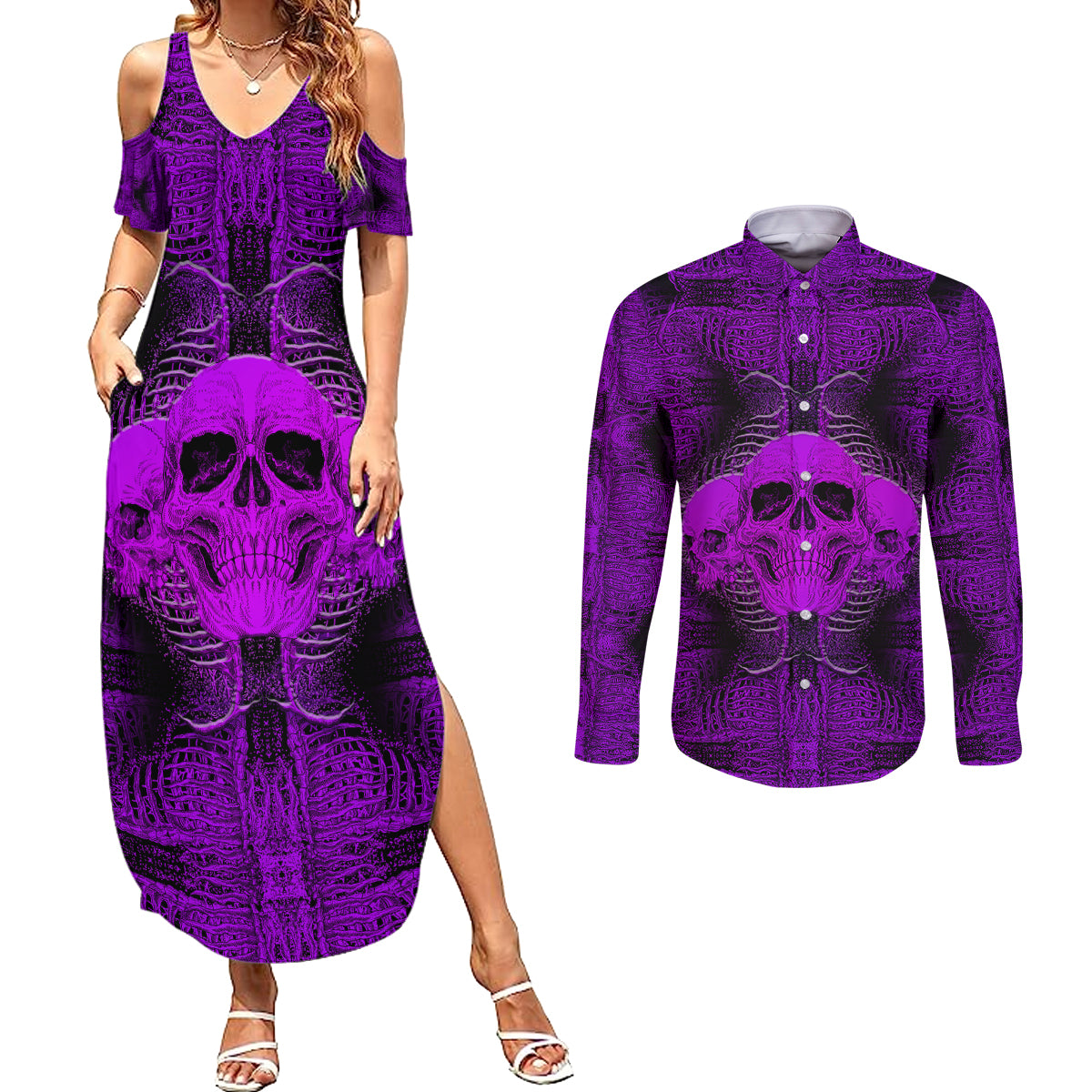 skull-pattern-couples-matching-summer-maxi-dress-and-long-sleeve-button-shirts-i-am-who-i-am-your-approval-isnt-needed