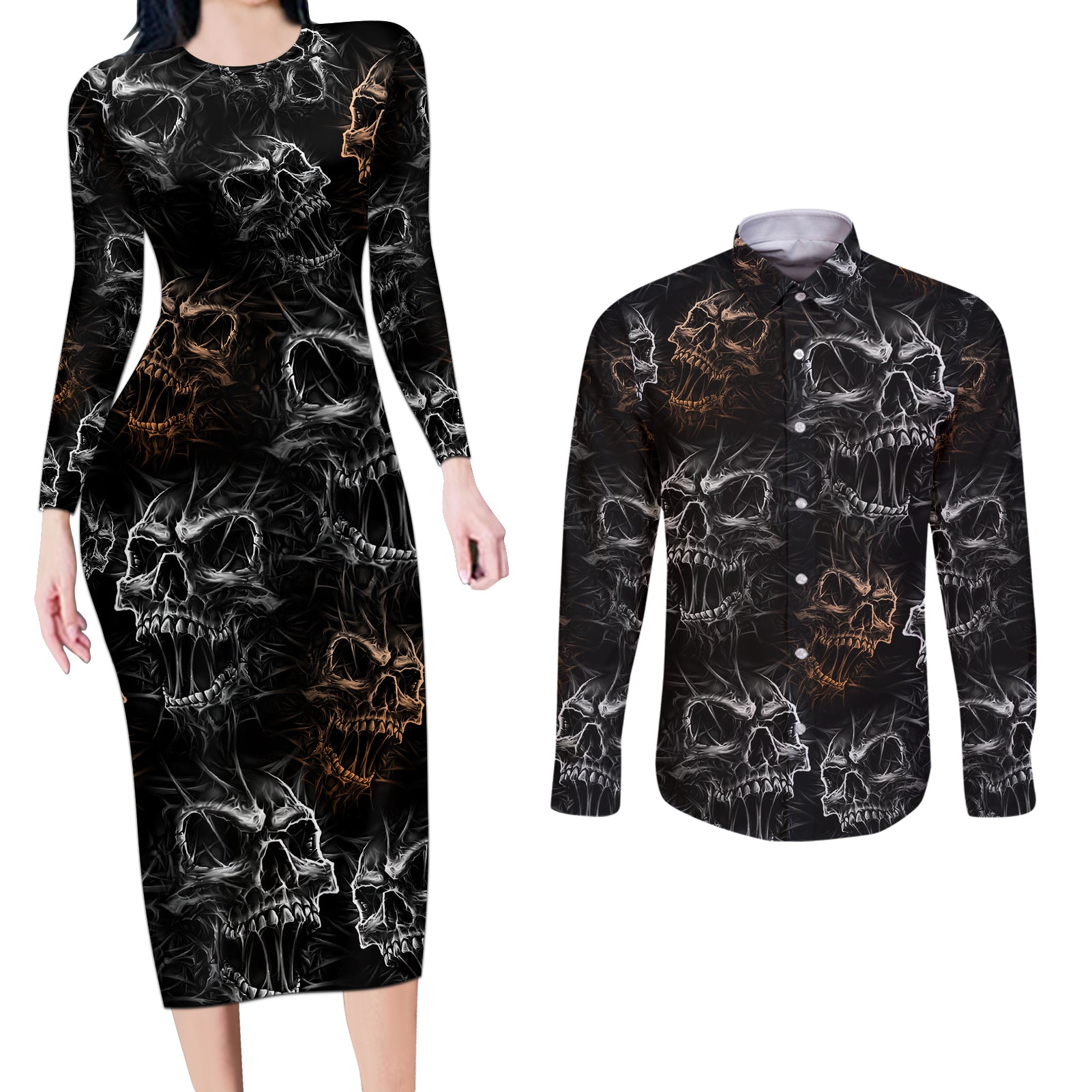 skull-pattern-couples-matching-long-sleeve-bodycon-dress-and-long-sleeve-button-shirts-never-trust-the-living