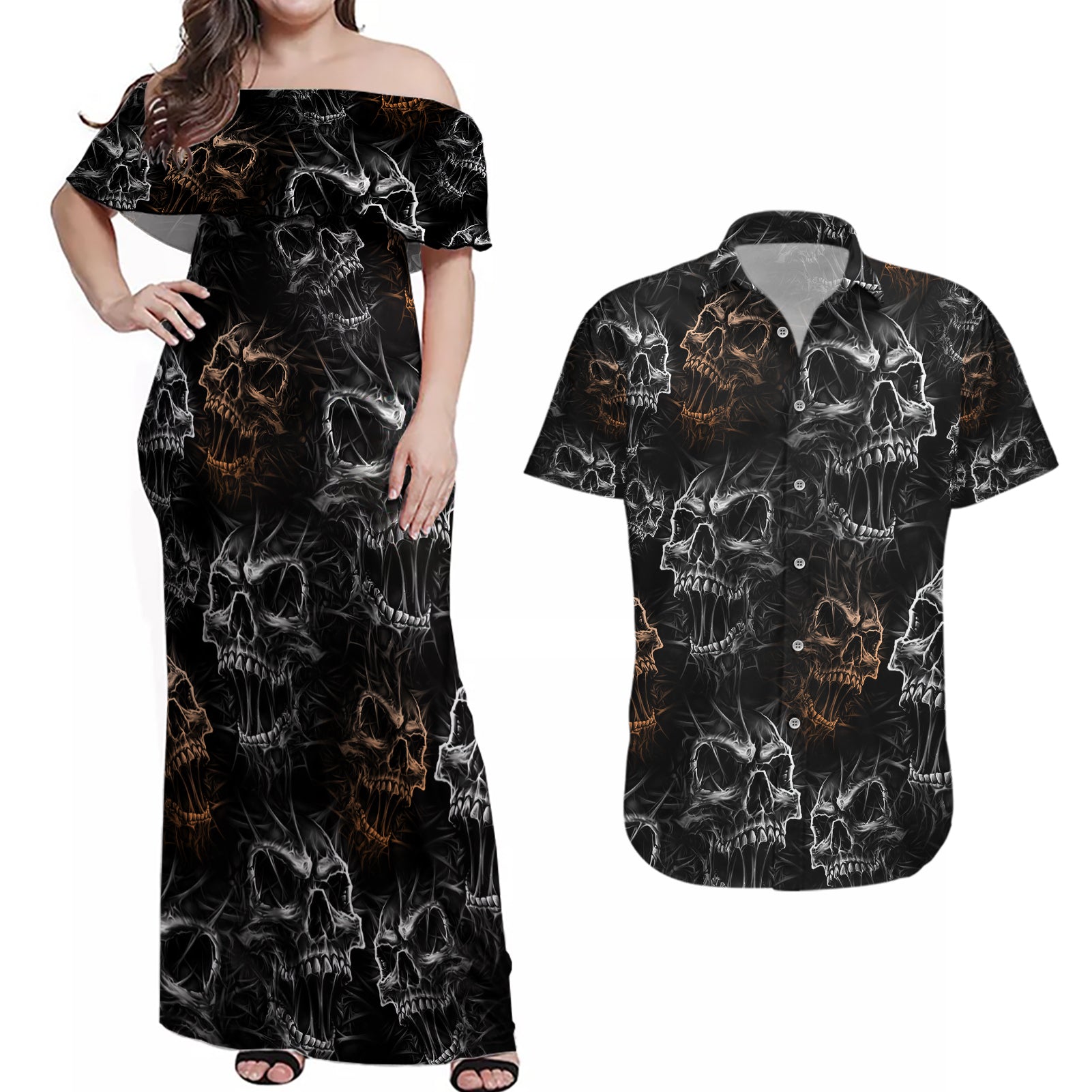 skull-pattern-couples-matching-off-shoulder-maxi-dress-and-hawaiian-shirt-never-trust-the-living