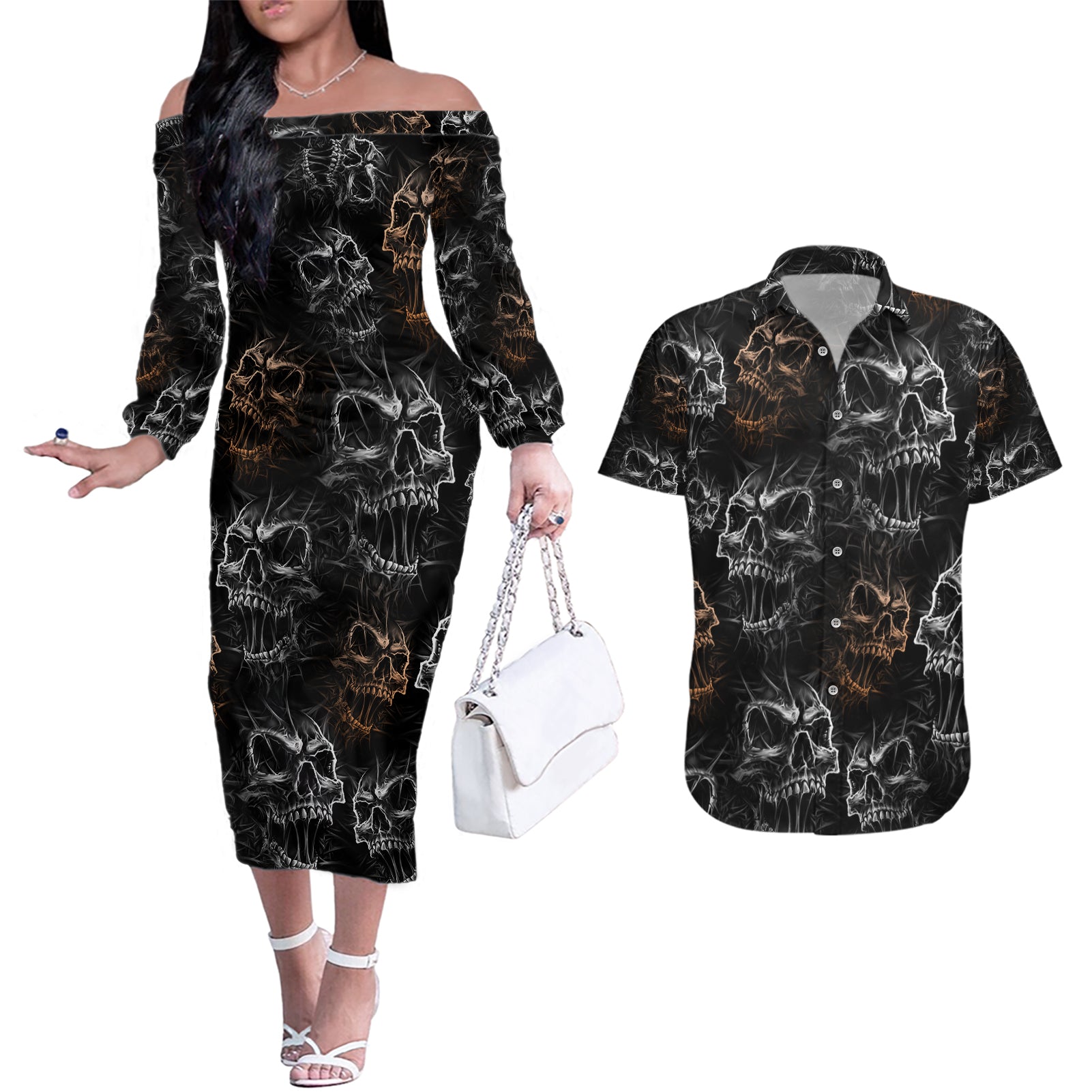 skull-pattern-couples-matching-off-the-shoulder-long-sleeve-dress-and-hawaiian-shirt-never-trust-the-living