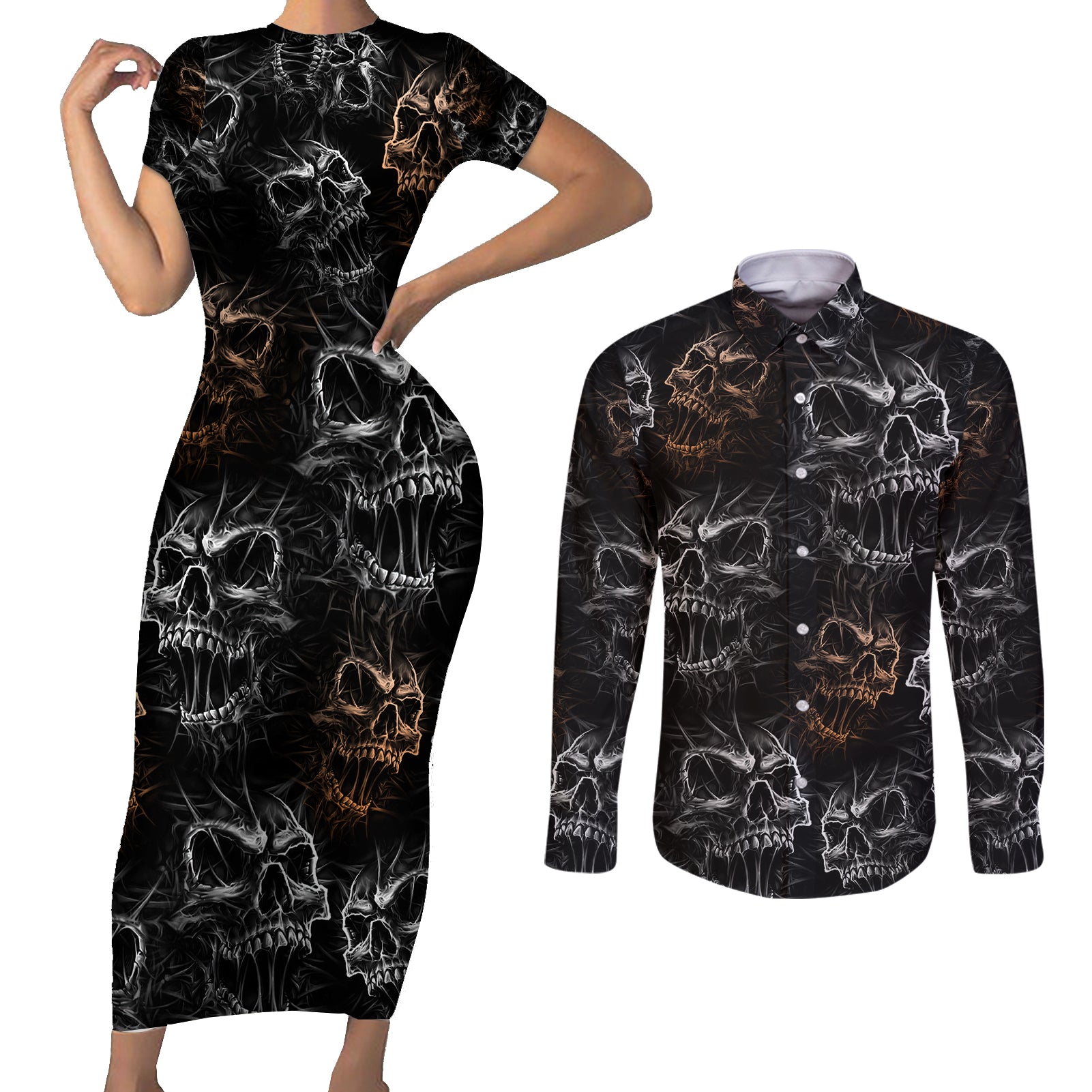 skull-pattern-couples-matching-short-sleeve-bodycon-dress-and-long-sleeve-button-shirts-never-trust-the-living