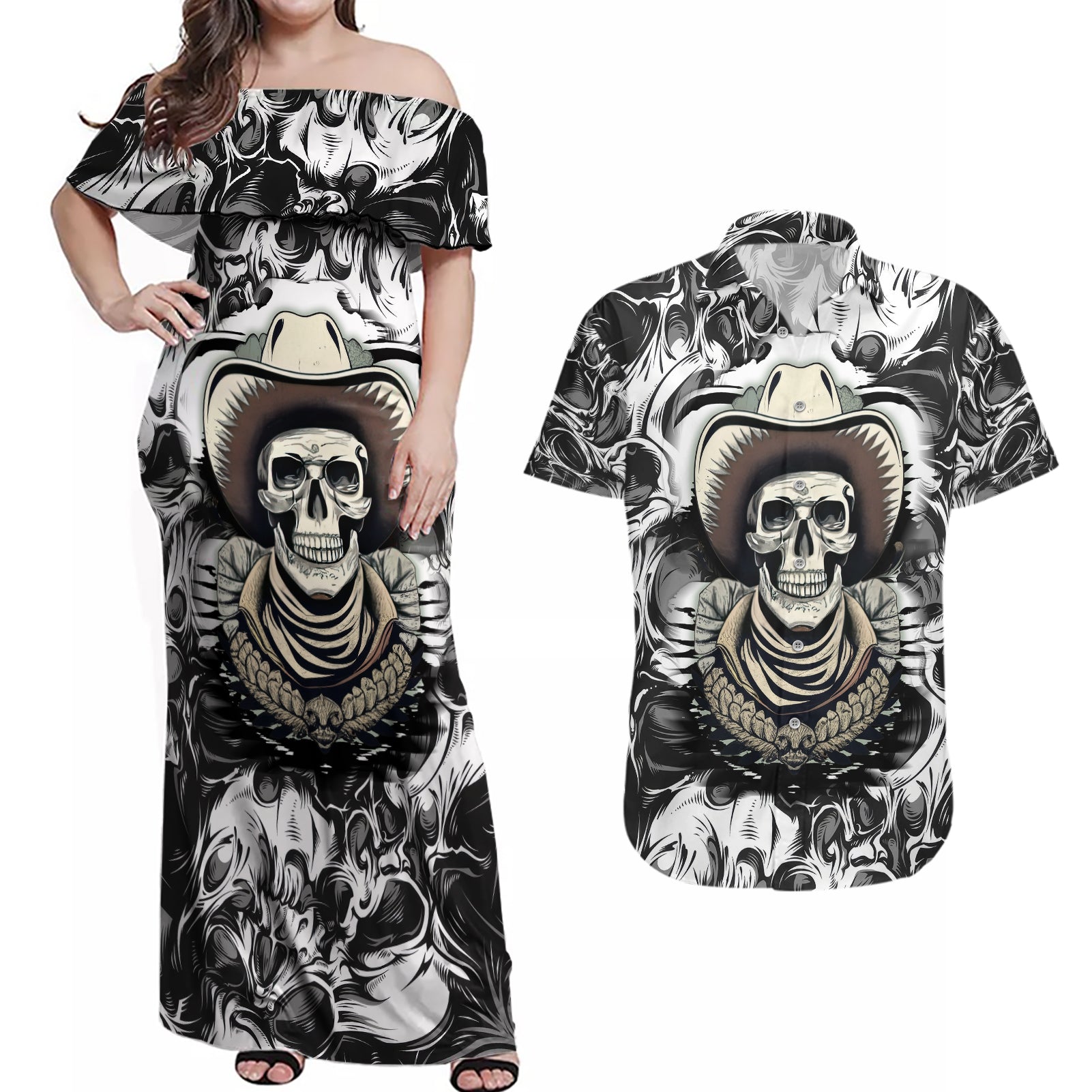 skull-cowboy-couples-matching-off-shoulder-maxi-dress-and-hawaiian-shirt-out-law