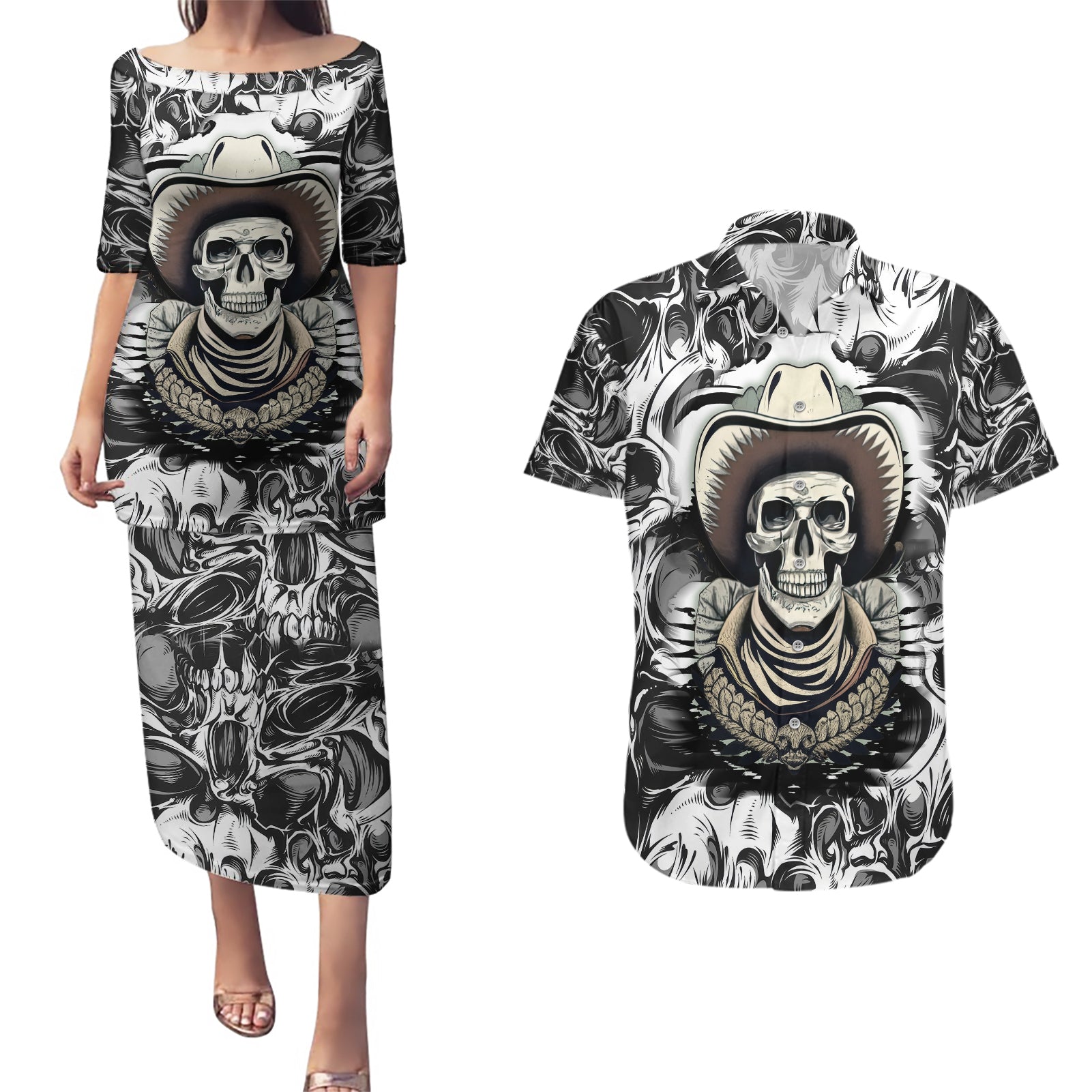 skull-cowboy-couples-matching-puletasi-dress-and-hawaiian-shirt-out-law