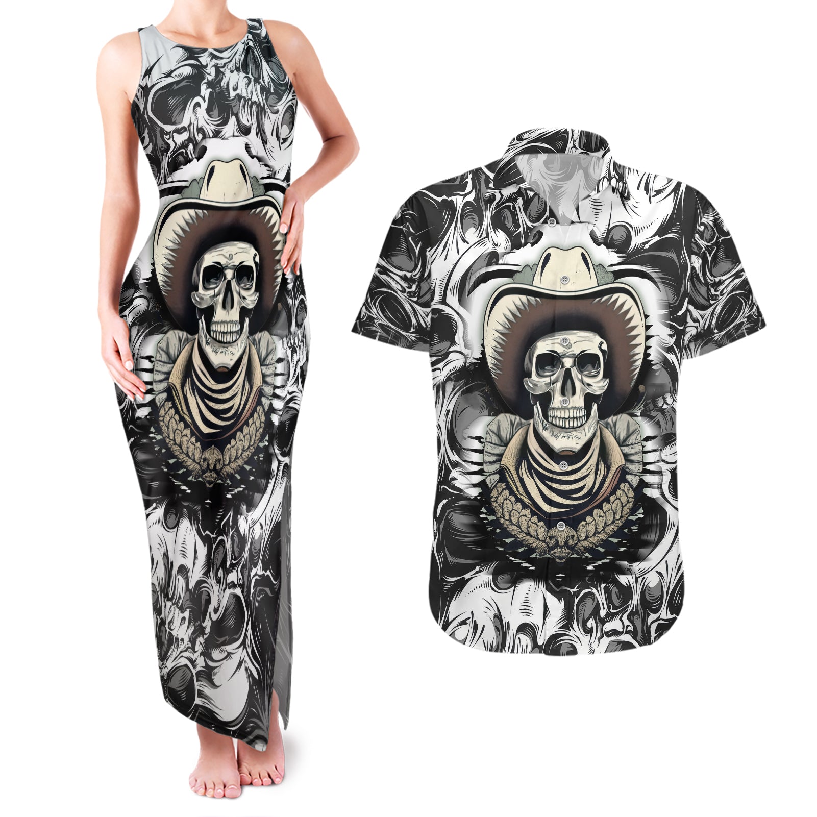 skull-cowboy-couples-matching-tank-maxi-dress-and-hawaiian-shirt-out-law