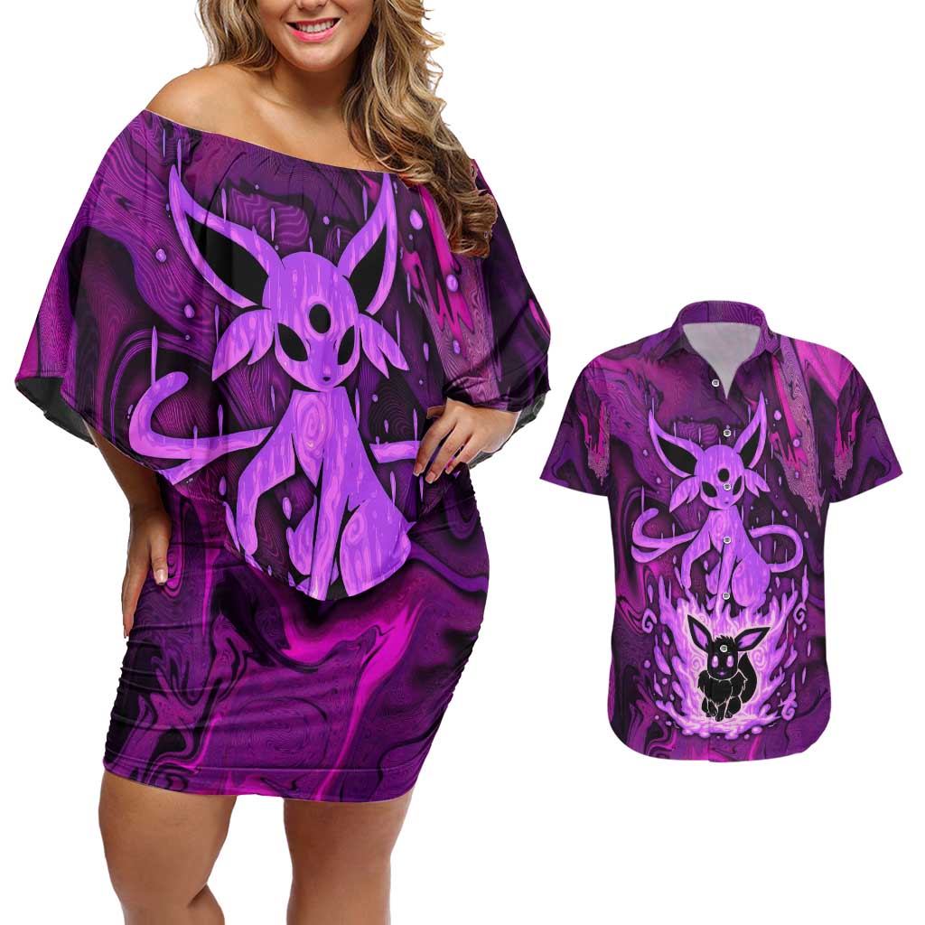 Blazing Espeon Couples Matching Off Shoulder Short Dress and Hawaiian Shirt Anime Style