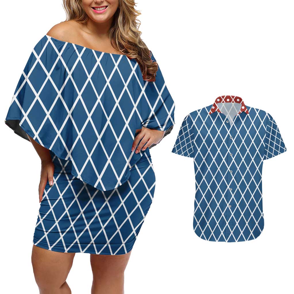 Guido Mista Jojo’s Bizarre Adventure Couples Matching Off Shoulder Short Dress and Hawaiian Shirt Anime Uniform Pattern Style