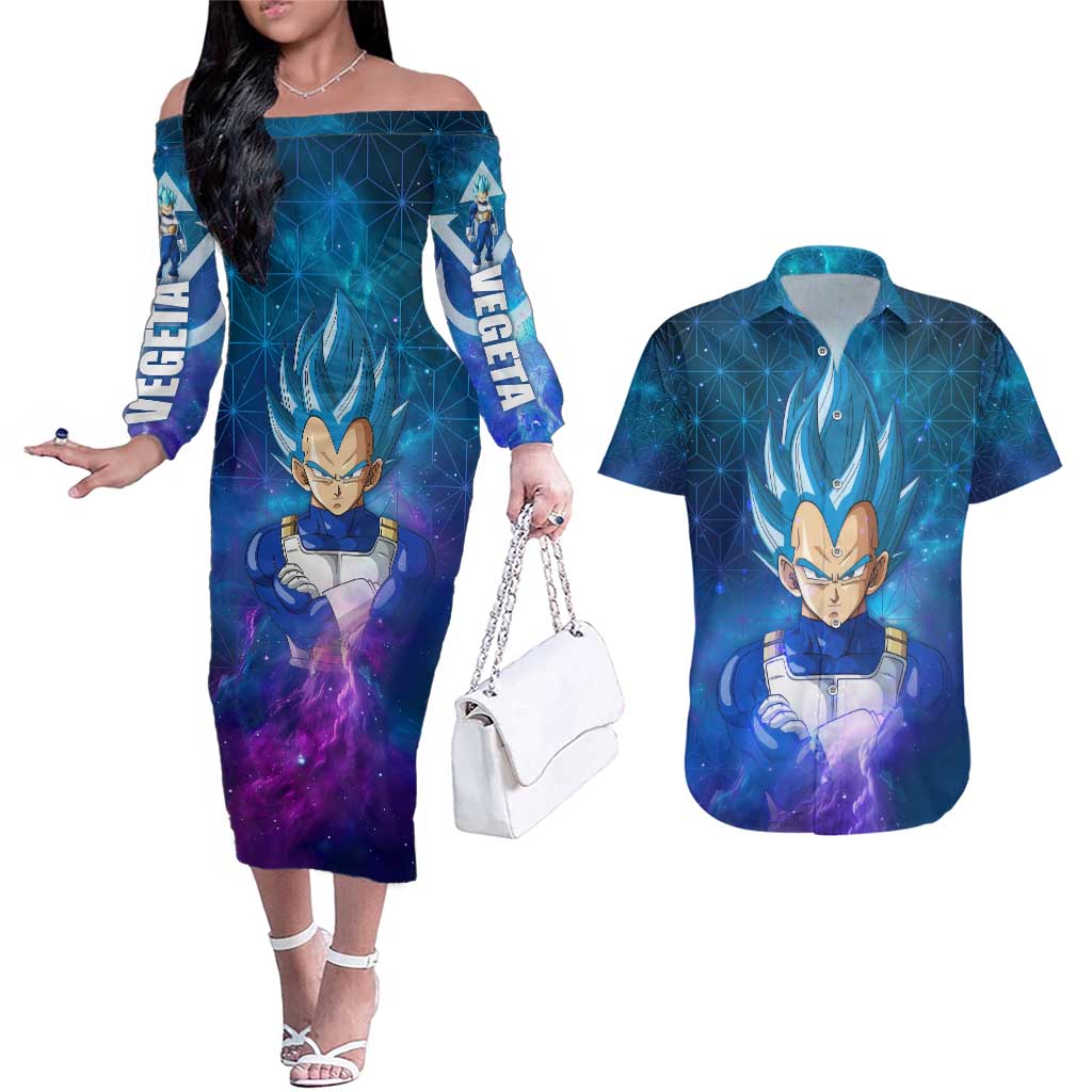 Trippy Astral Vegeta Dragon Ball Z Couples Matching Off The Shoulder Long Sleeve Dress and Hawaiian Shirt Anime Style