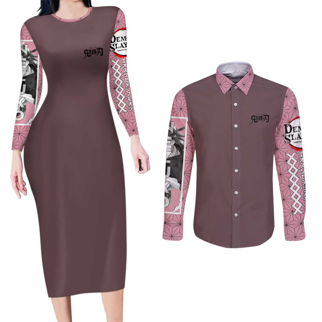 Kamado Nezuko Demon Slayer Couples Matching Long Sleeve Bodycon Dress and Long Sleeve Button Shirt Anime Style