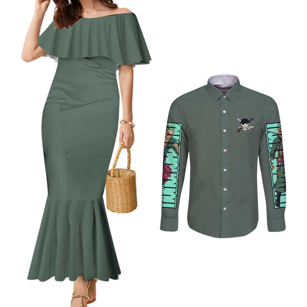 Roronoa Zoro - Straw Hat Team - One Piece Couples Matching Mermaid Dress and Long Sleeve Button Shirt Anime Style