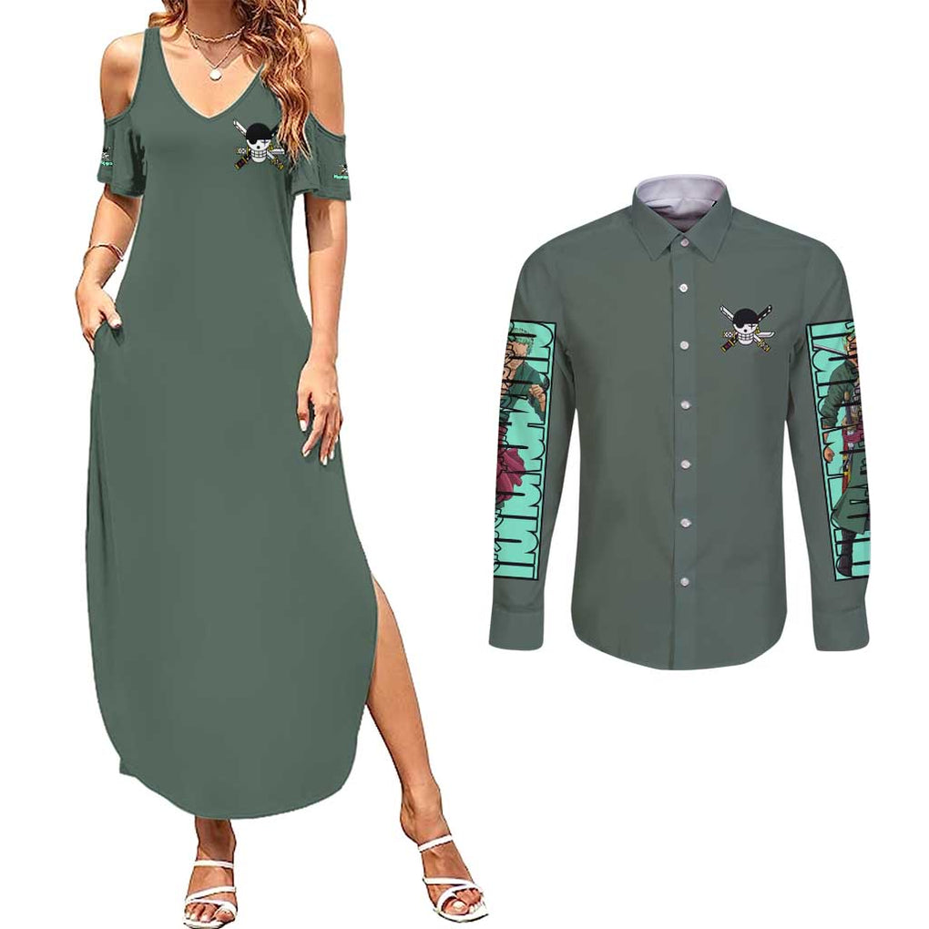 Roronoa Zoro - Straw Hat Team - One Piece Couples Matching Summer Maxi Dress and Long Sleeve Button Shirt Anime Style