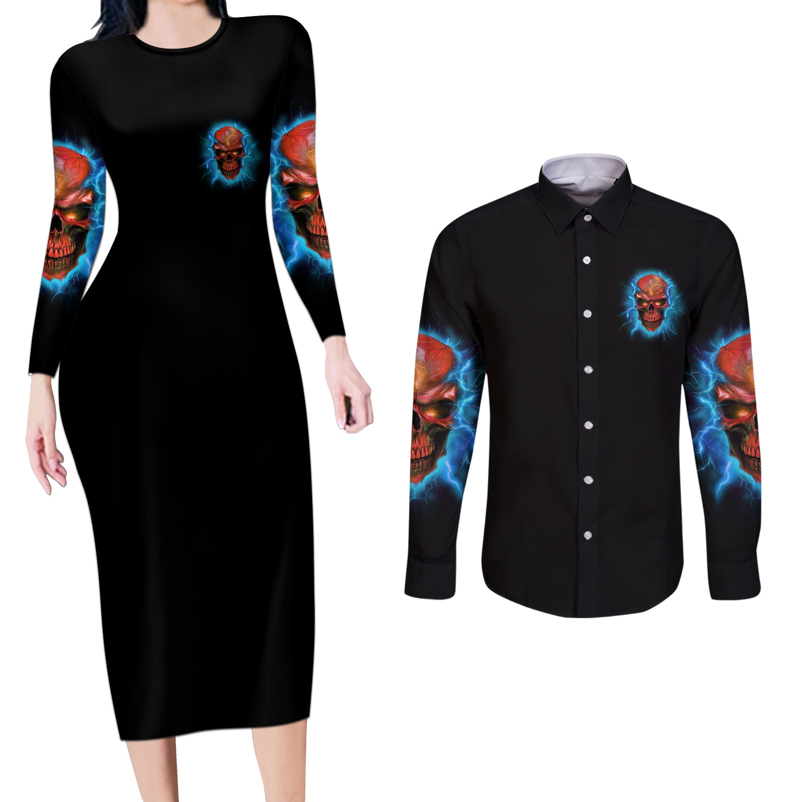 i-cant-go-to-hell-thunder-skull-couples-matching-long-sleeve-bodycon-dress-and-long-sleeve-button-shirt