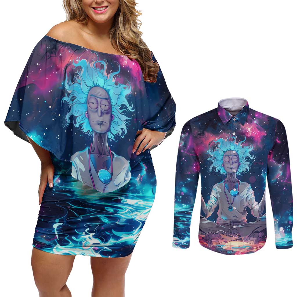 Rick and Morty Trippy Cosmic Rick Hoodie Couples Matching Off Shoulder Short Dress and Long Sleeve Button Shirt Trippy Style