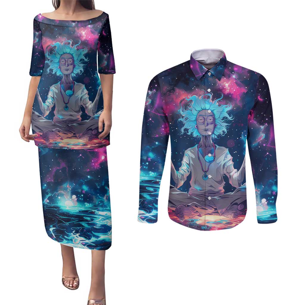 Rick and Morty Trippy Cosmic Rick Hoodie Couples Matching Puletasi and Long Sleeve Button Shirt Trippy Style