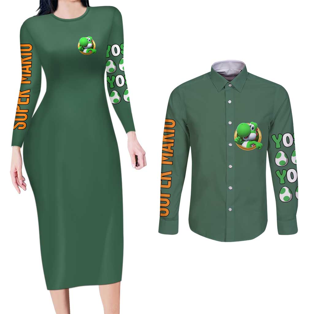 Yoshi Mario Bros Couples Matching Long Sleeve Bodycon Dress and Long Sleeve Button Shirt Anime Style