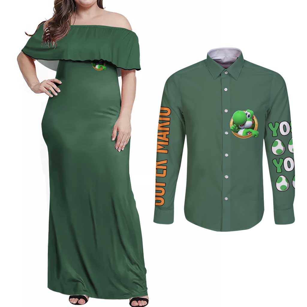 Yoshi Mario Bros Couples Matching Off Shoulder Maxi Dress and Long Sleeve Button Shirt Anime Style