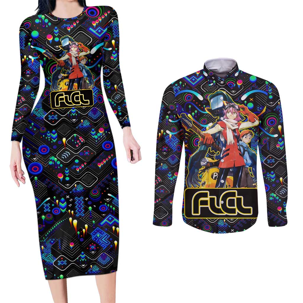 Vibing FLCL Couples Matching Long Sleeve Bodycon Dress and Long Sleeve Button Shirt Anime Mix Colorful Abstract Style