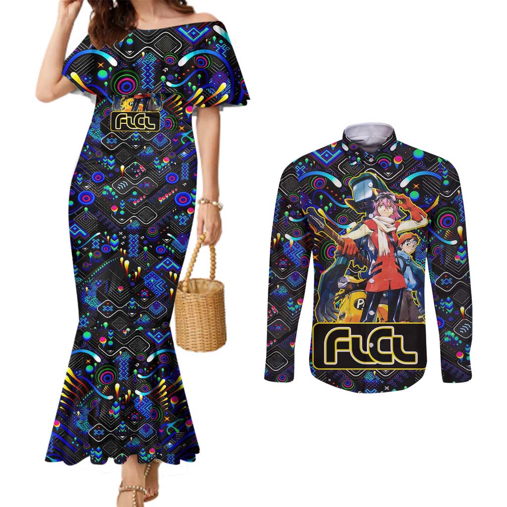 Vibing FLCL Couples Matching Mermaid Dress and Long Sleeve Button Shirt Anime Mix Colorful Abstract Style