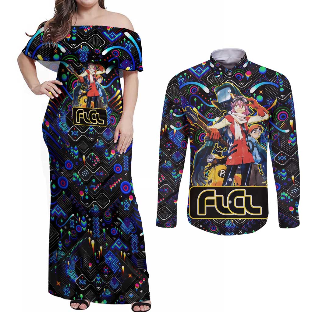 Vibing FLCL Couples Matching Off Shoulder Maxi Dress and Long Sleeve Button Shirt Anime Mix Colorful Abstract Style