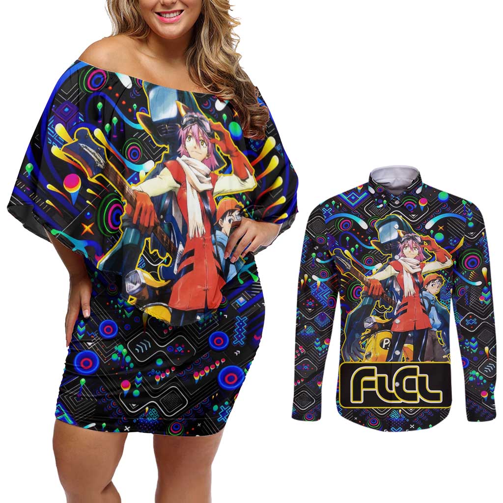 Vibing FLCL Couples Matching Off Shoulder Short Dress and Long Sleeve Button Shirt Anime Mix Colorful Abstract Style