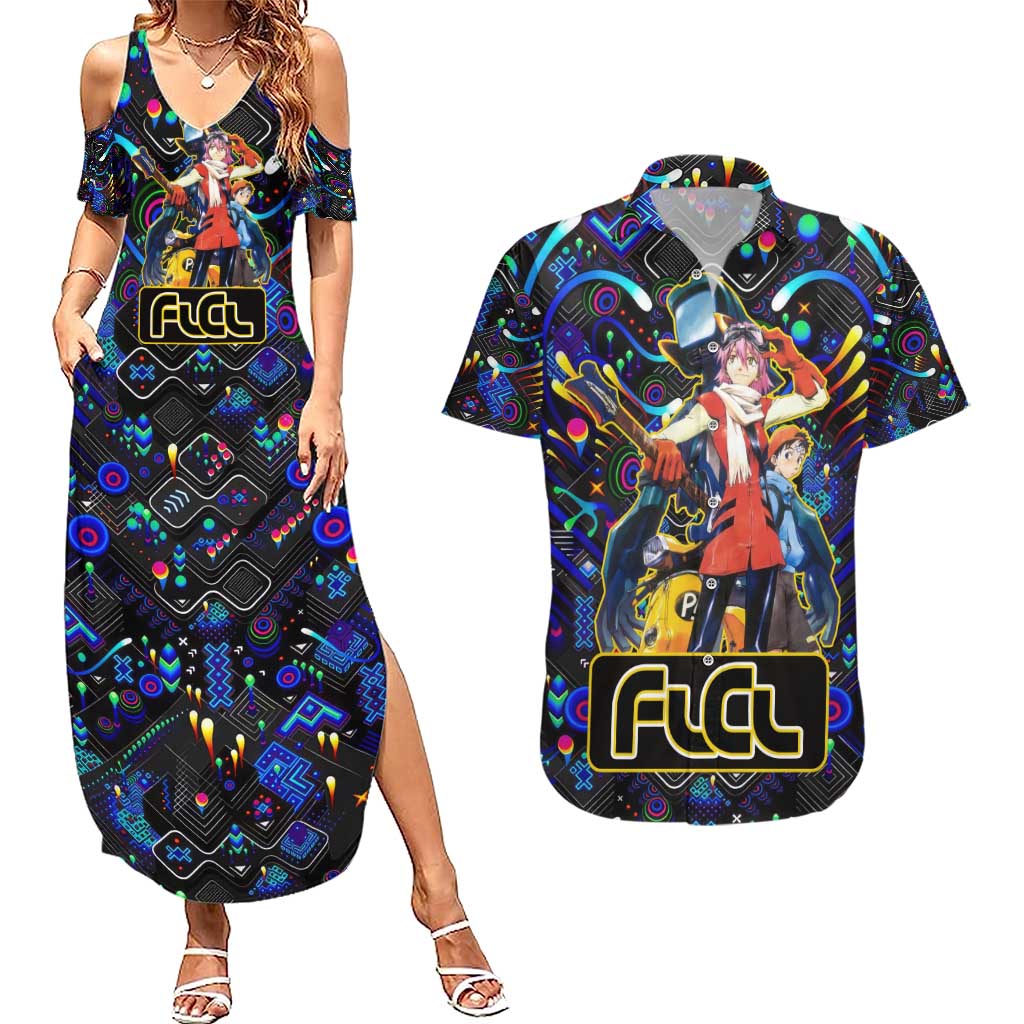 Vibing FLCL Couples Matching Summer Maxi Dress and Hawaiian Shirt Anime Mix Colorful Abstract Style