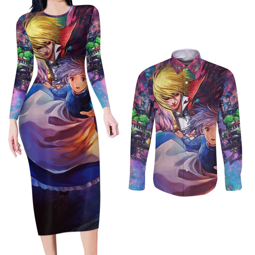 Trippy Howls Moving Castle Studio Ghibli Couples Matching Long Sleeve Bodycon Dress and Long Sleeve Button Shirt Anime Mix With Trippy Style