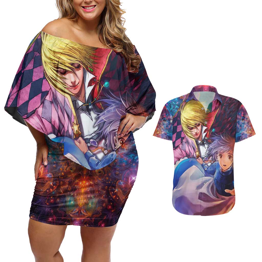 Trippy Howls Moving Castle Studio Ghibli Couples Matching Off Shoulder Short Dress and Hawaiian Shirt Anime Mix With Trippy Style