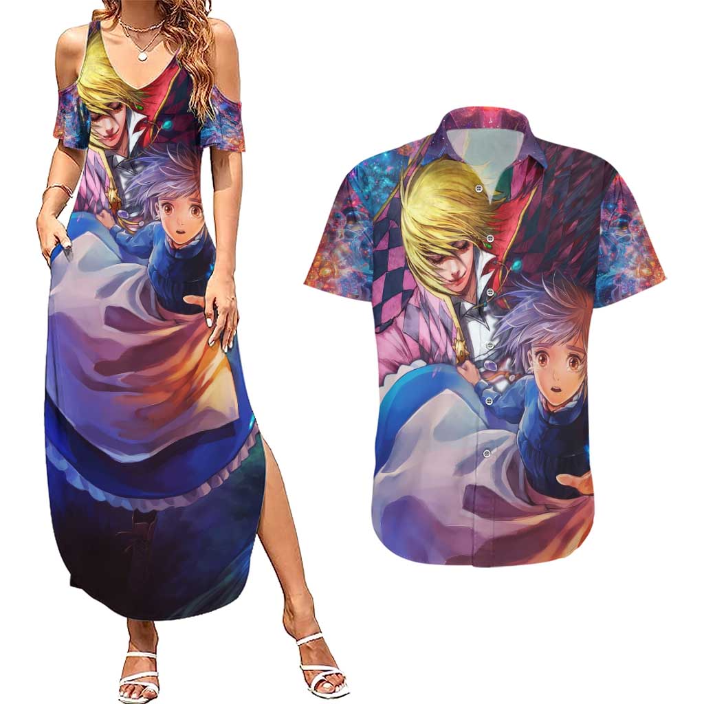 Trippy Howls Moving Castle Studio Ghibli Couples Matching Summer Maxi Dress and Hawaiian Shirt Anime Mix With Trippy Style