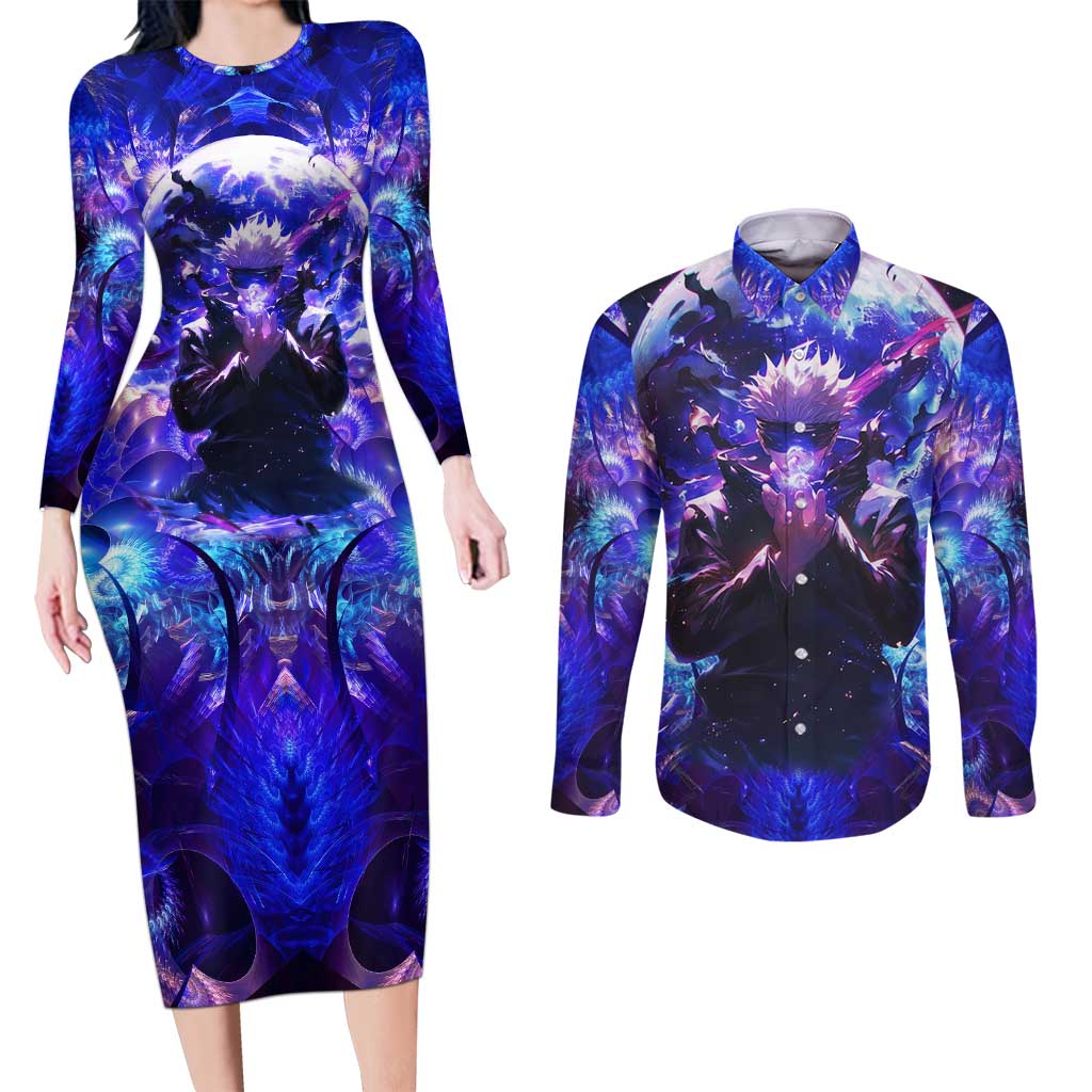 Trippy Gojo Satoru Jujutsu Kaisen Couples Matching Long Sleeve Bodycon Dress and Long Sleeve Button Shirt Anime Style