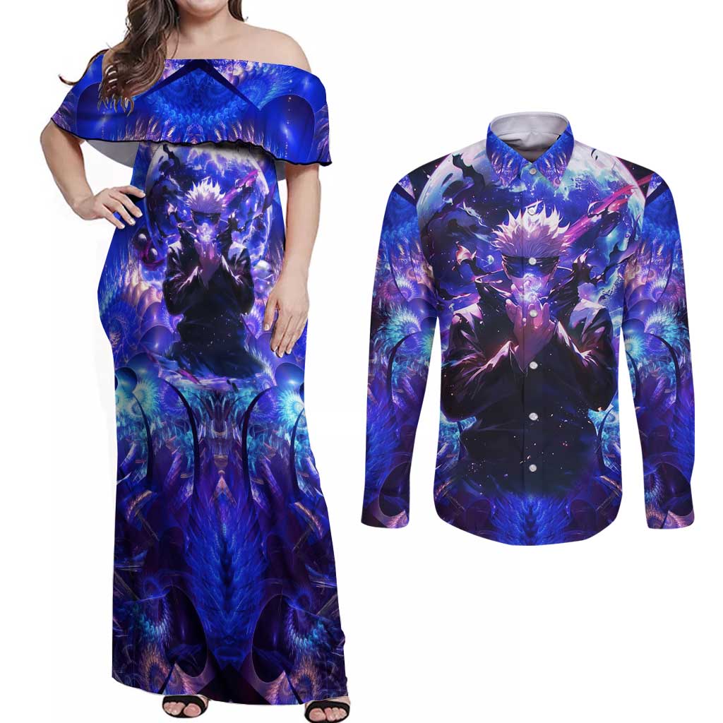 Trippy Gojo Satoru Jujutsu Kaisen Couples Matching Off Shoulder Maxi Dress and Long Sleeve Button Shirt Anime Style