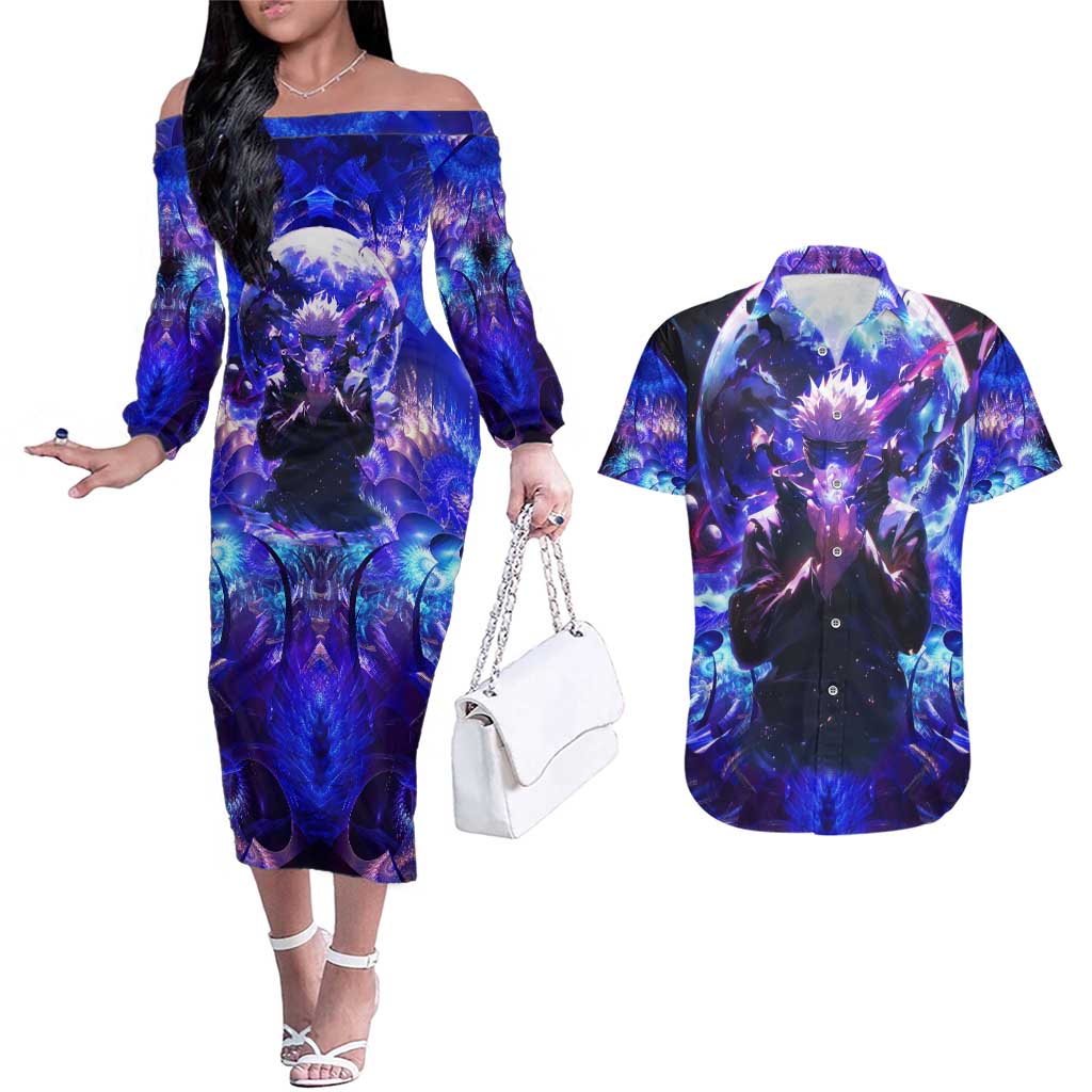 Trippy Gojo Satoru Jujutsu Kaisen Couples Matching Off The Shoulder Long Sleeve Dress and Hawaiian Shirt Anime Style