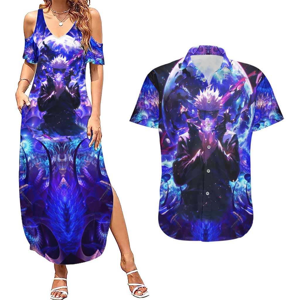 Trippy Gojo Satoru Jujutsu Kaisen Couples Matching Summer Maxi Dress and Hawaiian Shirt Anime Style