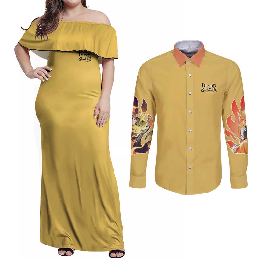 Agatsuma Zenitsu V2 Demon Slayer Couples Matching Off Shoulder Maxi Dress and Long Sleeve Button Shirt Anime Style