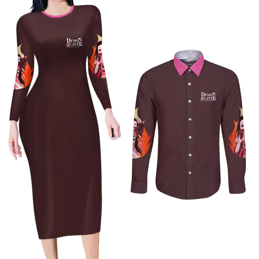 Kamado Nezuko V2 Demon Slayer Couples Matching Long Sleeve Bodycon Dress and Long Sleeve Button Shirt Anime Style