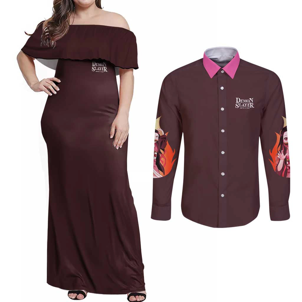 Kamado Nezuko V2 Demon Slayer Couples Matching Off Shoulder Maxi Dress and Long Sleeve Button Shirt Anime Style