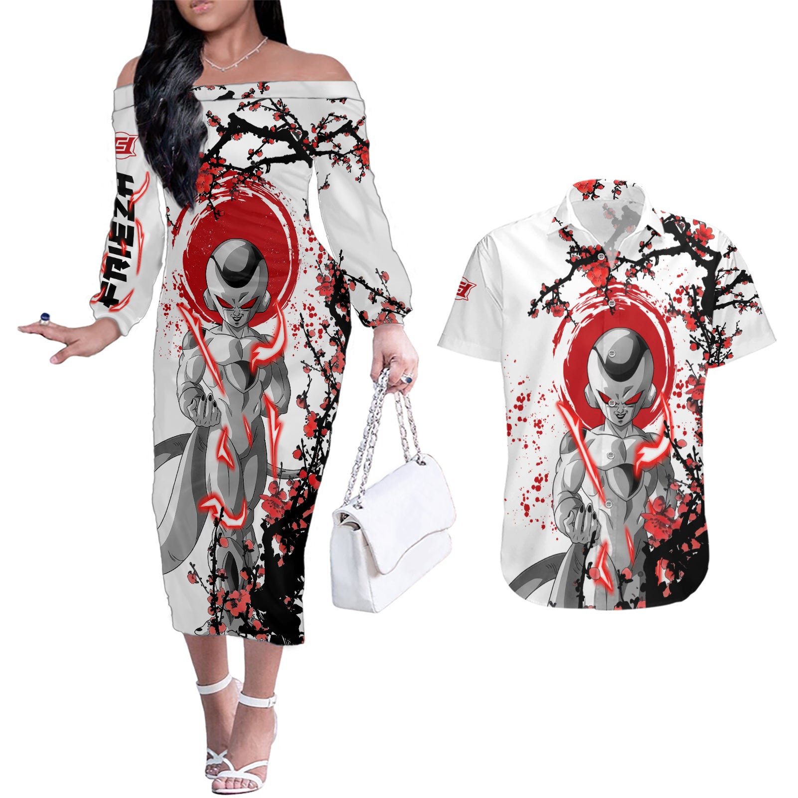 Frieza - Japan Style Anime Couples Matching Off The Shoulder Long Sleeve Dress and Hawaiian Shirt