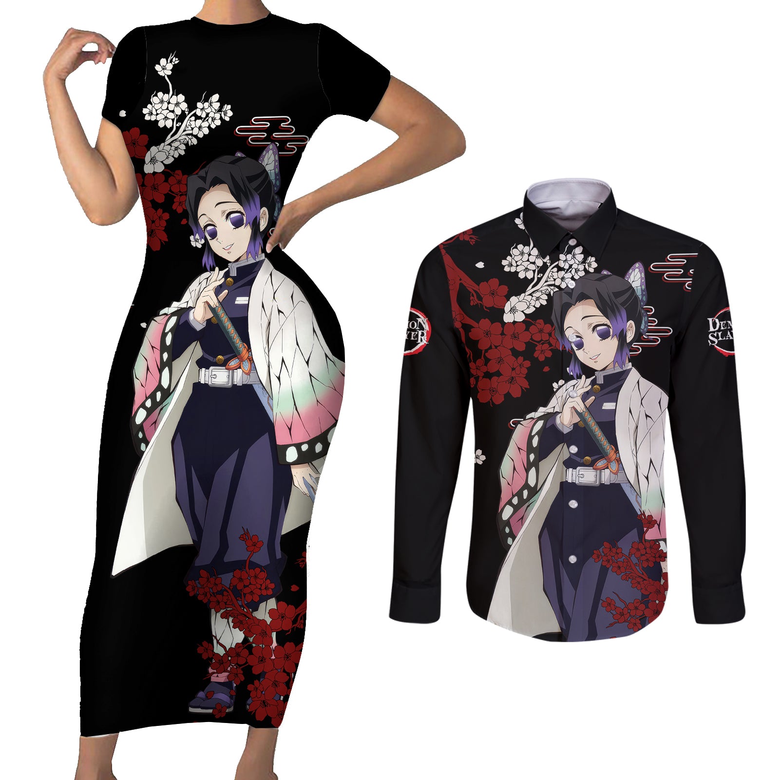 Shinobu Kocho - Japan Style Couples Matching Short Sleeve Bodycon Dress and Long Sleeve Button Shirt