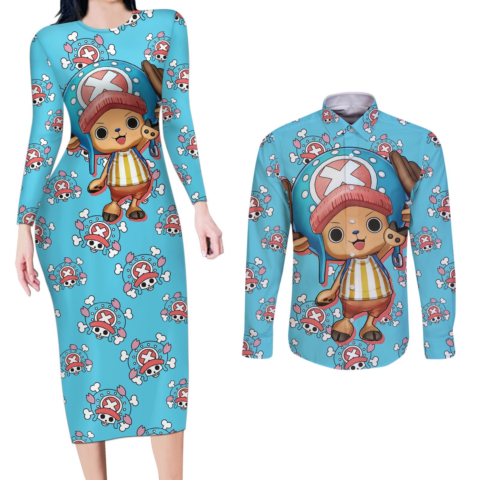 Tony Tony Chopper - Movie Red Couples Matching Long Sleeve Bodycon Dress and Long Sleeve Button Shirt