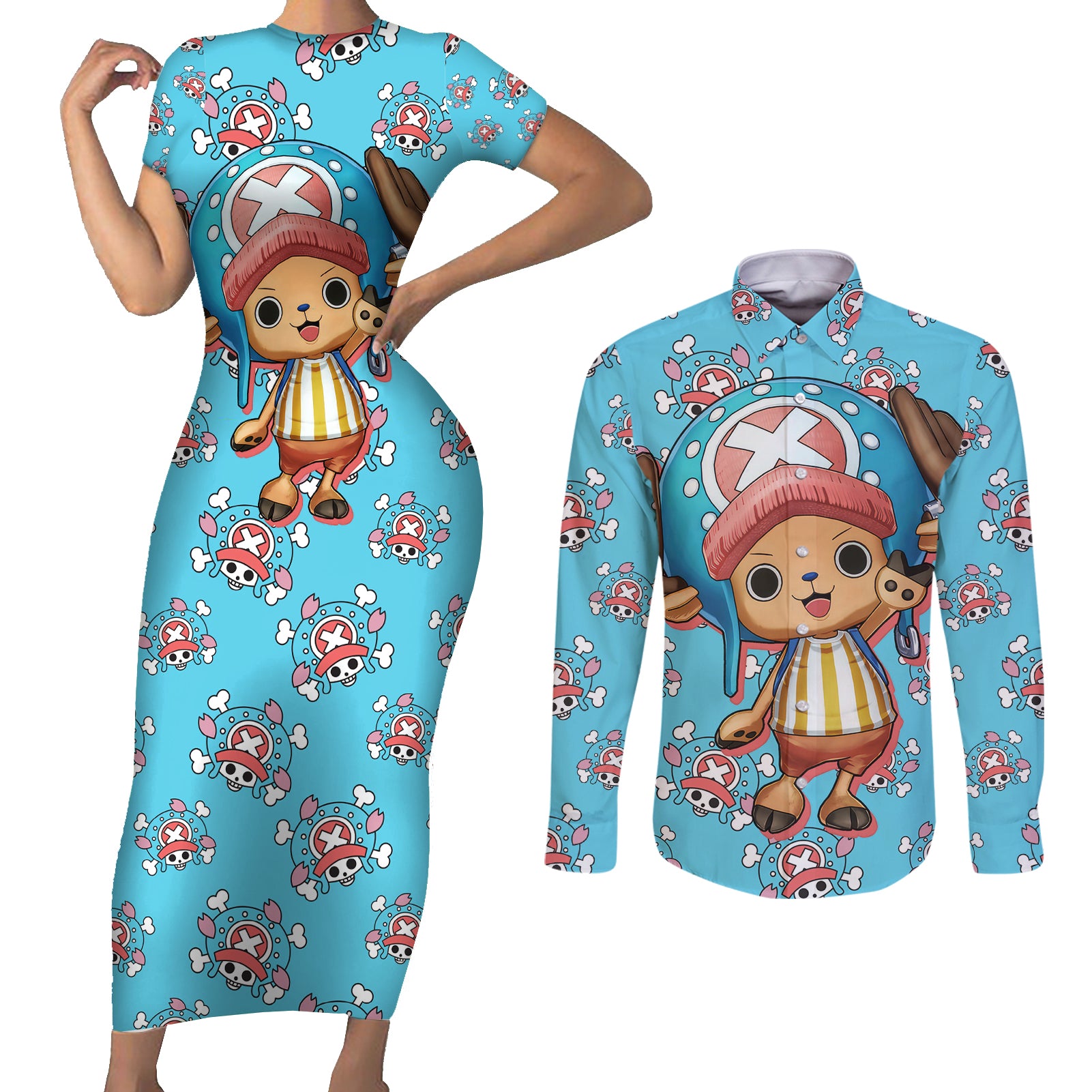 Tony Tony Chopper - Movie Red Couples Matching Short Sleeve Bodycon Dress and Long Sleeve Button Shirt