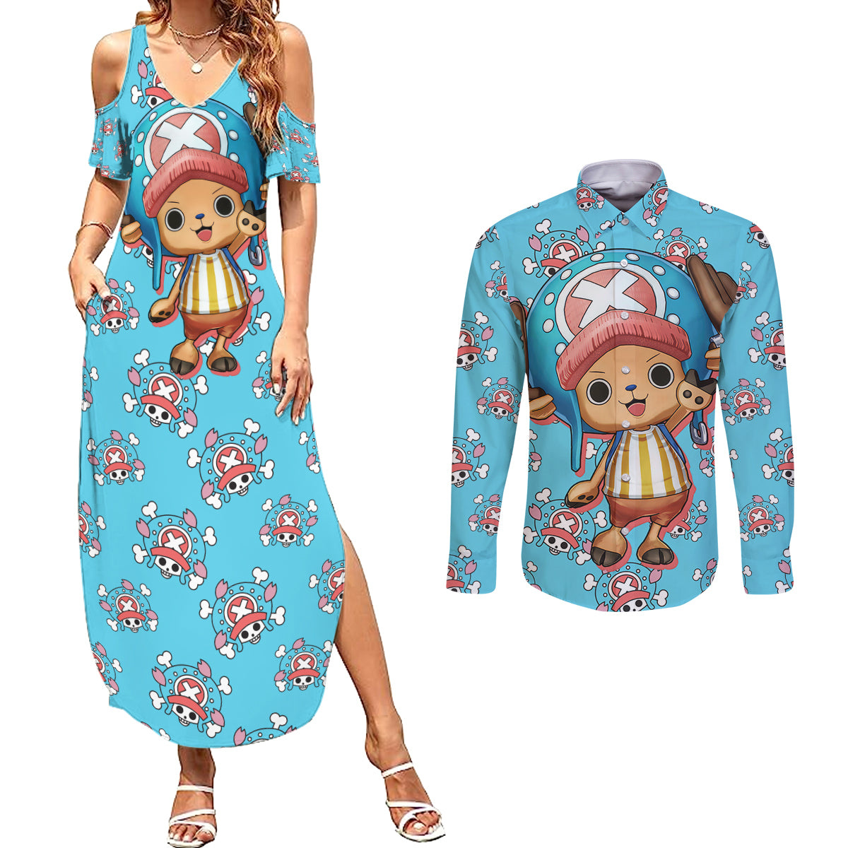 Tony Tony Chopper - Movie Red Couples Matching Summer Maxi Dress and Long Sleeve Button Shirt