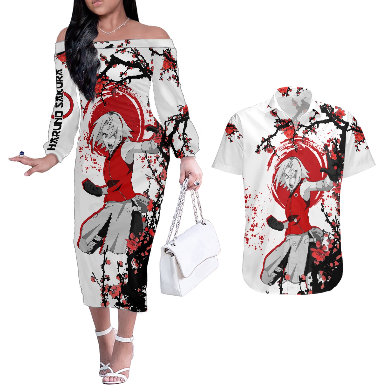 Haruno Sakura - Japan Style Anime Couples Matching Off The Shoulder Long Sleeve Dress and Hawaiian Shirt