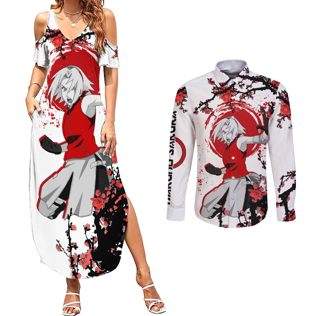 Haruno Sakura - Japan Style Anime Couples Matching Summer Maxi Dress and Long Sleeve Button Shirt