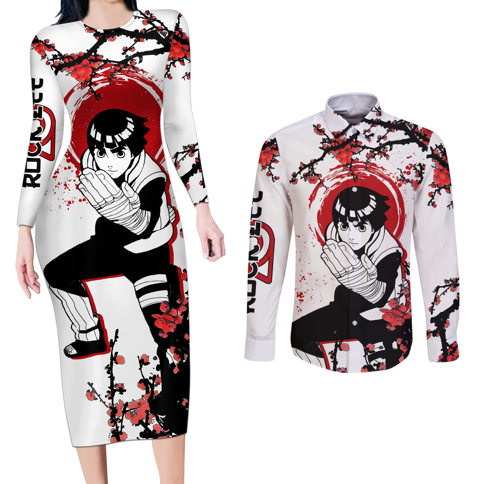 Rock Lee - Japan Style Anime Couples Matching Long Sleeve Bodycon Dress and Long Sleeve Button Shirt