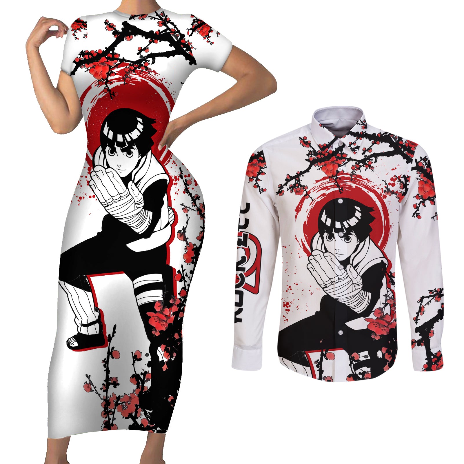 Rock Lee - Japan Style Anime Couples Matching Short Sleeve Bodycon Dress and Long Sleeve Button Shirt