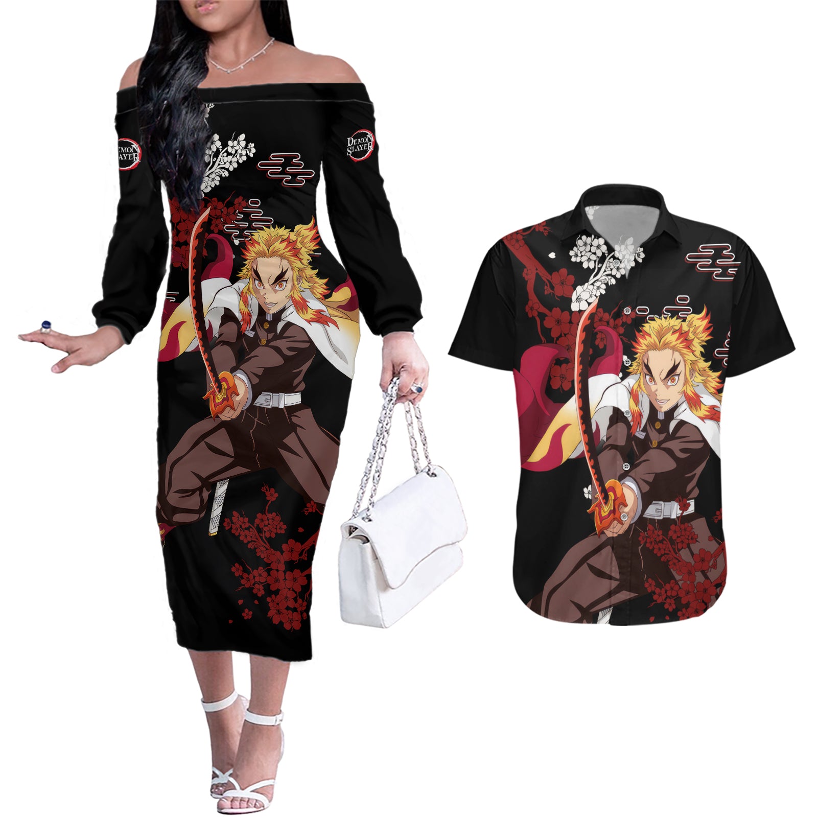 Kyojuro Rengoku - Japan Style Couples Matching Off The Shoulder Long Sleeve Dress and Hawaiian Shirt