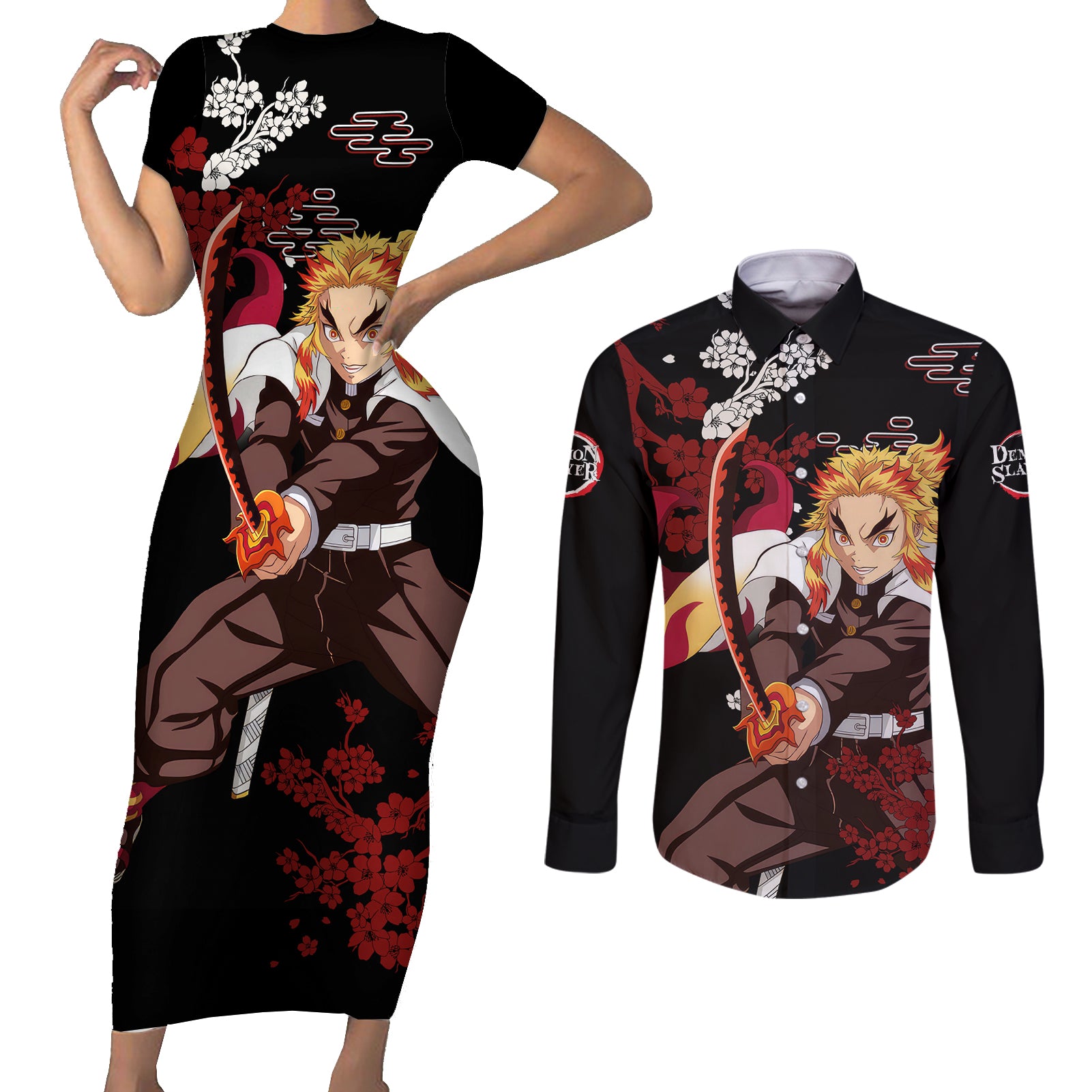 Kyojuro Rengoku - Japan Style Couples Matching Short Sleeve Bodycon Dress and Long Sleeve Button Shirt