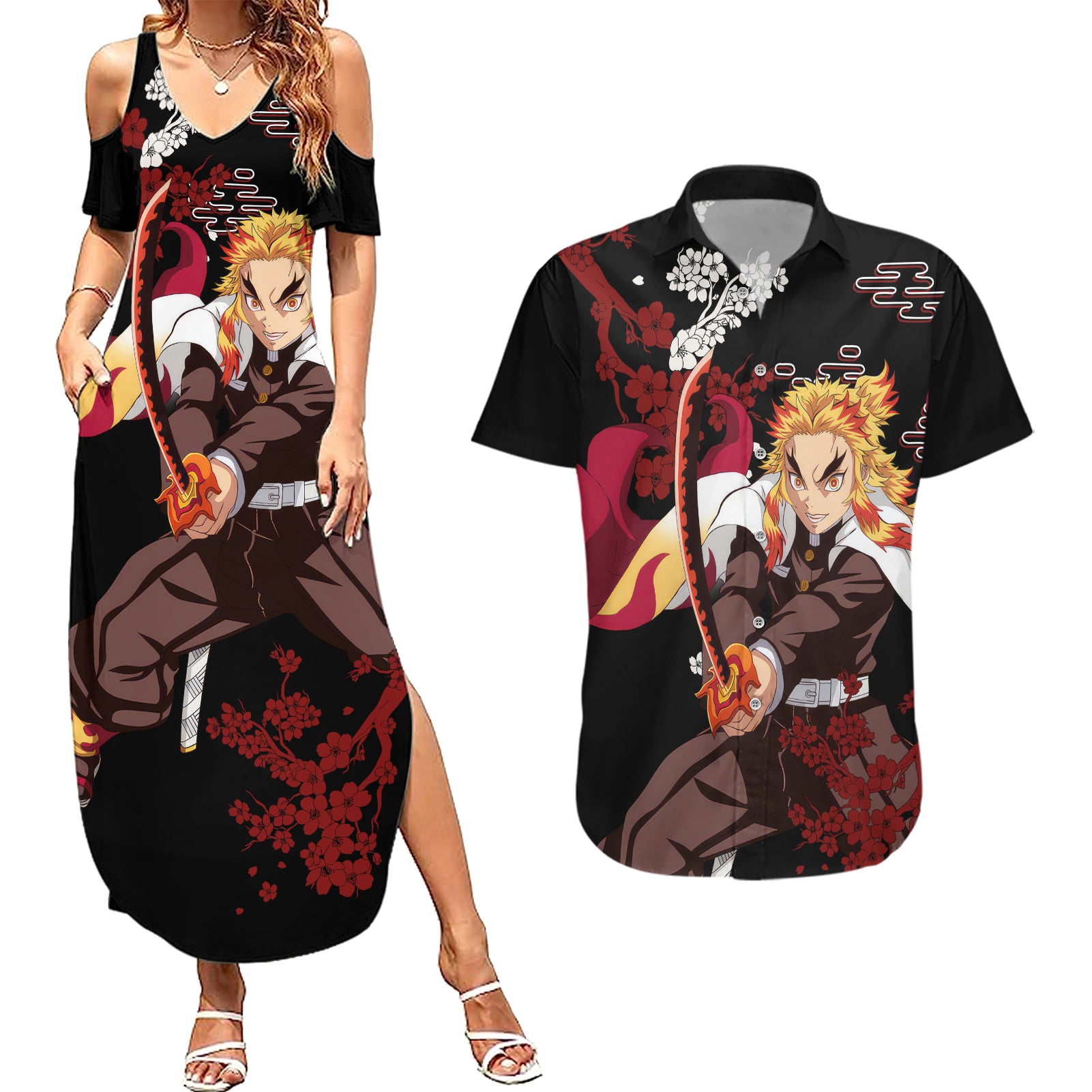 Kyojuro Rengoku - Japan Style Couples Matching Summer Maxi Dress and Hawaiian Shirt