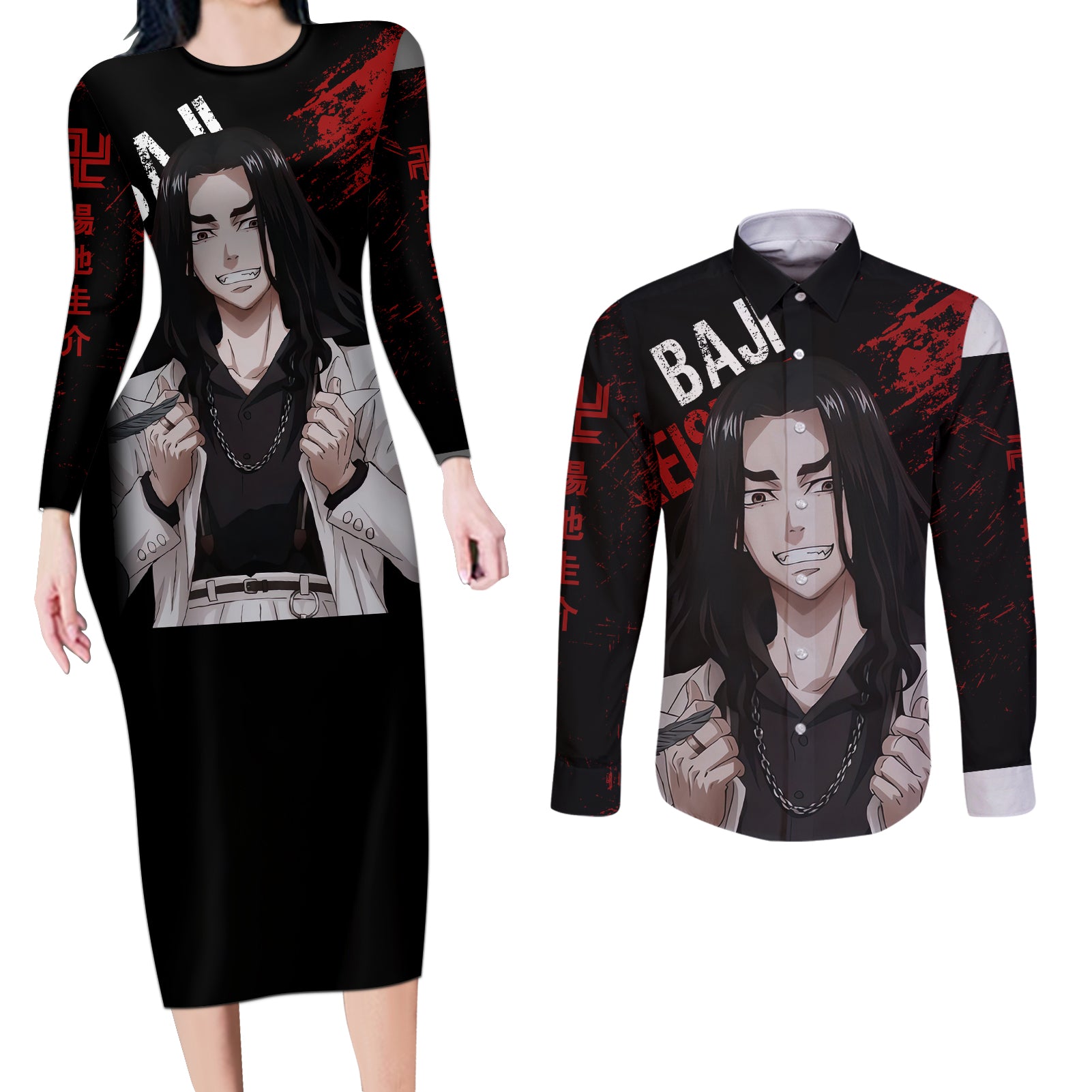 Baji Keisuke - Anime Revengers Couples Matching Long Sleeve Bodycon Dress and Long Sleeve Button Shirt